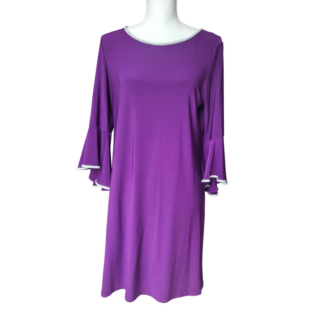 Purple Bell Sleeve Shift Dress 60s Style Mod Rhinestone Trim Office Chic Size L